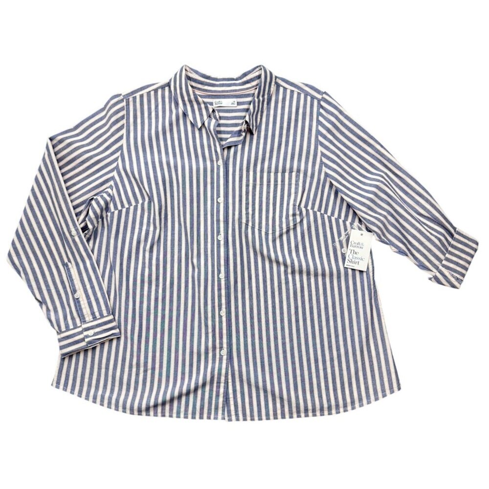 Croft & Barrow Button Up Striped Shirt Cotton Preppy Blue Stripe Womens 1X NEW